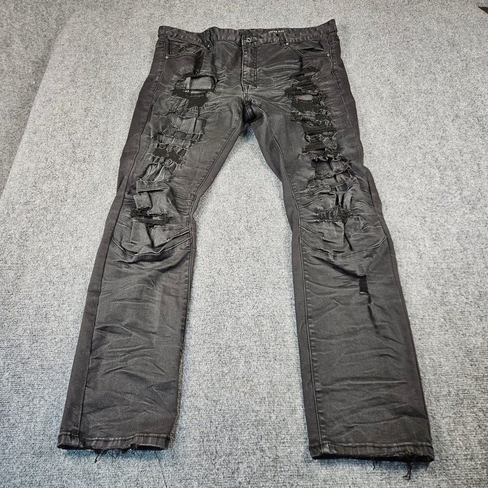 Smoke Rise Mens Distressed Biker Jeans Black Moto Rip Repair Slim Fit 42x32